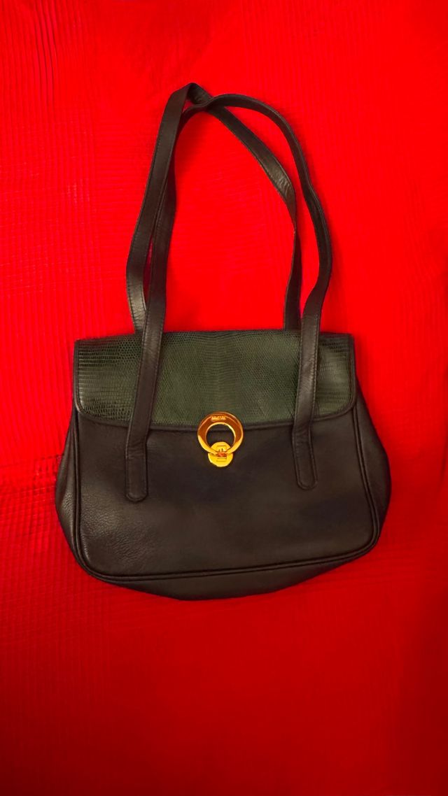 Borsa in pelle e rettile nera e verde