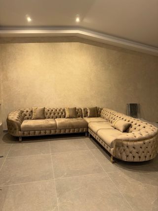 Sofá Chester L Beige Terciopelo y Dorado