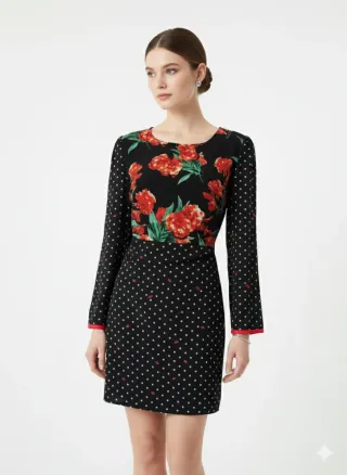 Vestido manga larga estampado floral y lunares T42