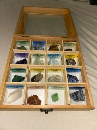Collezione di minerali in scatola di legno