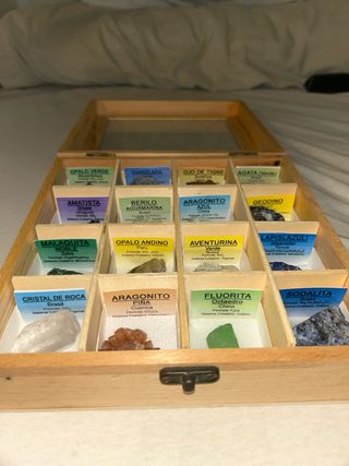 Collezione di minerali in scatola di legno