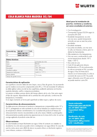 Cola Blanca Würth D3/D4 30kg