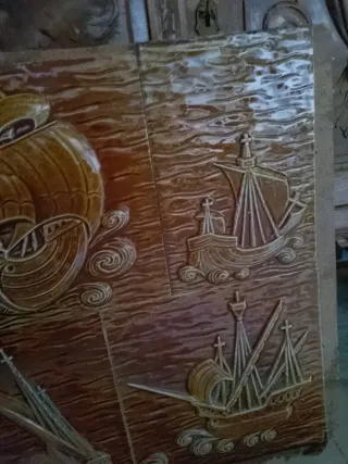 Cuadro porcelana barcos relieve años 60
