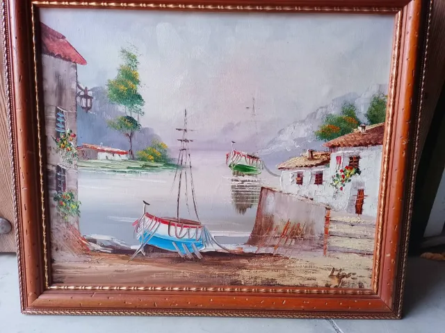 Precioso óleo firmado paisaje barcos