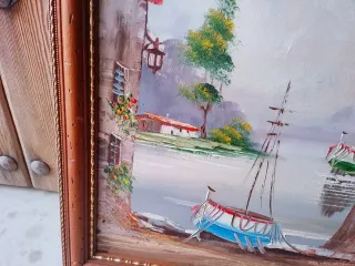 Precioso óleo firmado paisaje barcos