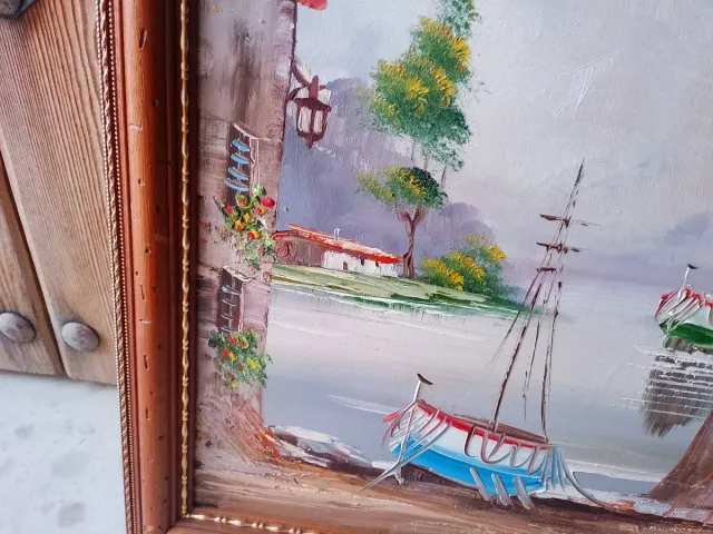 Precioso óleo firmado paisaje barcos
