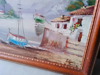 Precioso óleo firmado paisaje barcos