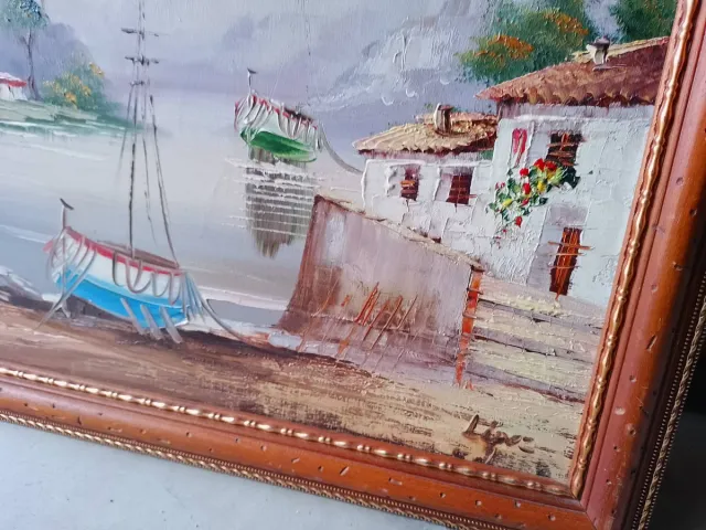 Precioso óleo firmado paisaje barcos