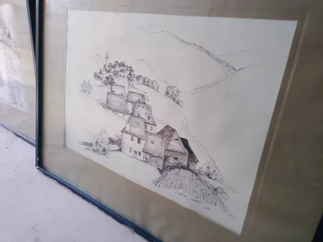 Pareja cuadros plumilla R. Medina Campeny