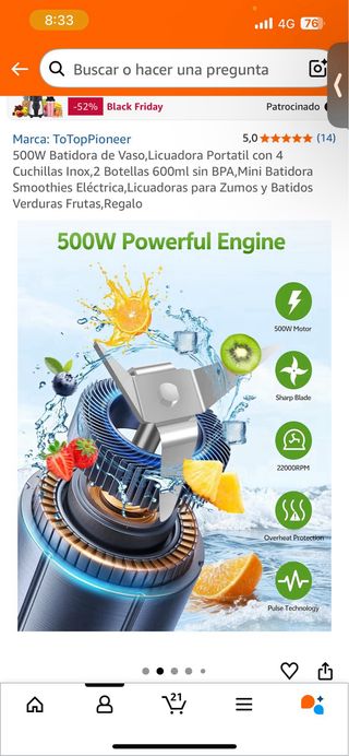 Batidora Portátil 500W ToTopPioneer