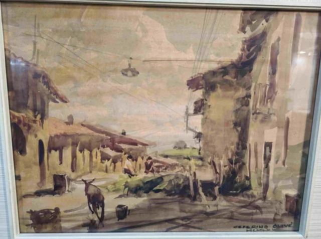 Acuarela Ceferino Olive: Calle Pueblo Rural