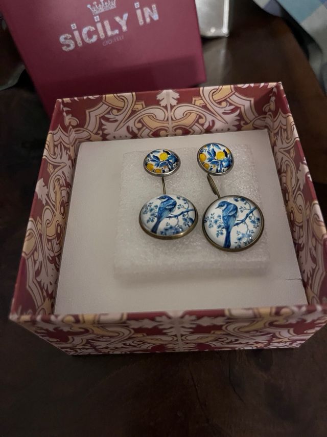 Parure orecchini uccelli blu e limoni