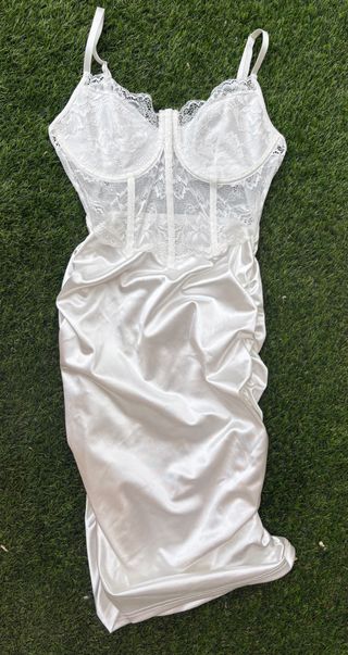 Vestido Midi Corsé Encaje Satén Blanco