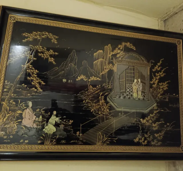 Cabecero Chino Antiguo Lacado Negro/Dorado