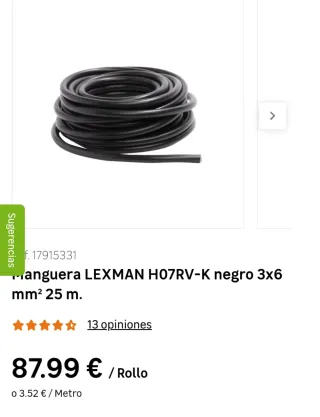Manguera LEXMAN H07RV-K negro 3x6 mm