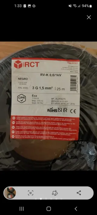 Cable RCT RV-K 0,6/1kV 3G 1,5mm² 25m Negro
