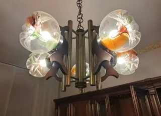 Lampadario modernariato vetro ottone legno