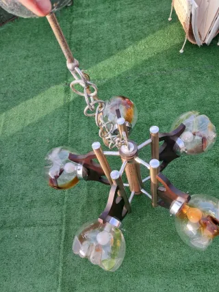 Lampadario modernariato vetro ottone legno