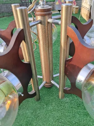 Lampadario modernariato vetro ottone legno