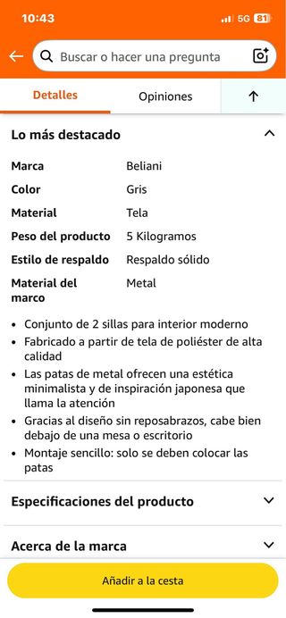 Conjunto 2 sillas Beliani poliéster patas metal