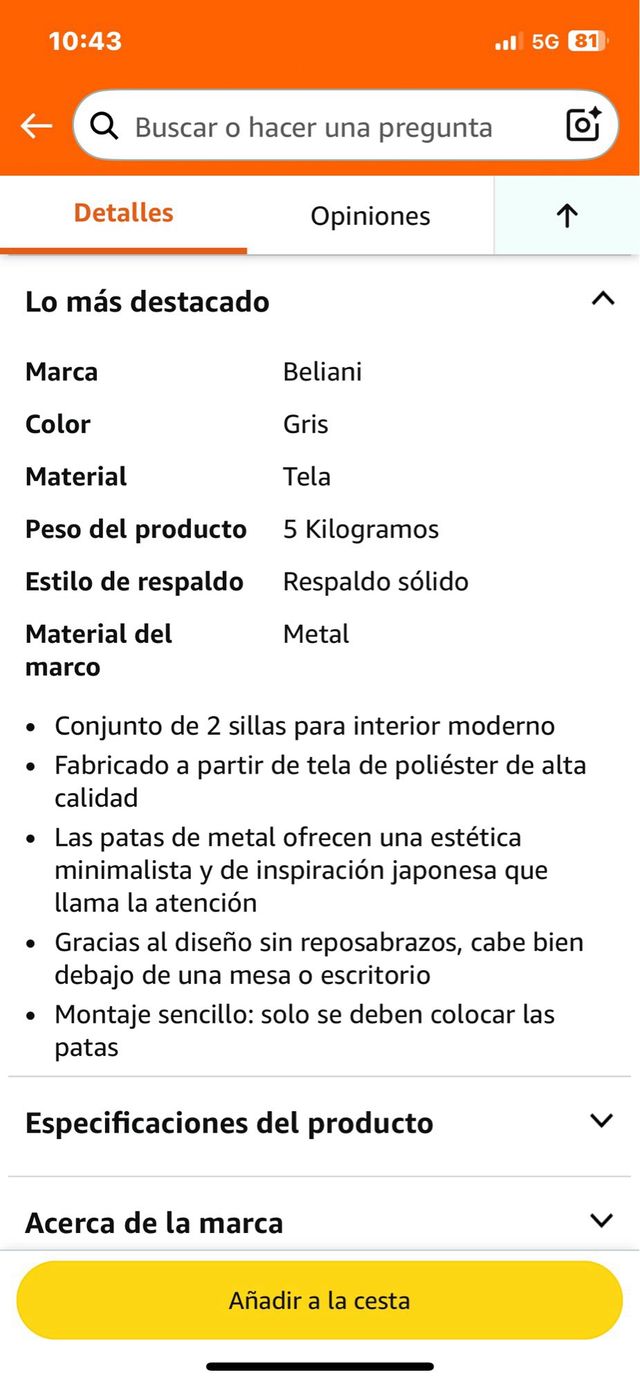 Conjunto 2 sillas Beliani poliéster patas metal