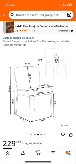 Conjunto 2 sillas Beliani poliéster patas metal