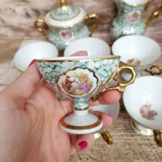 Juego Café Porcelana Vintage Oro y Verde