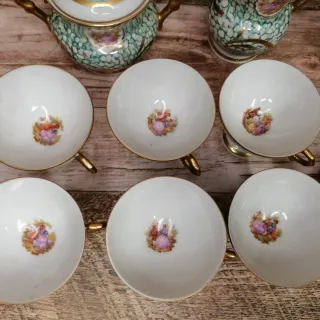 Juego Café Porcelana Vintage Oro y Verde