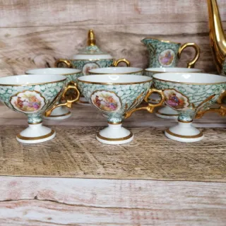 Juego Café Porcelana Vintage Oro y Verde