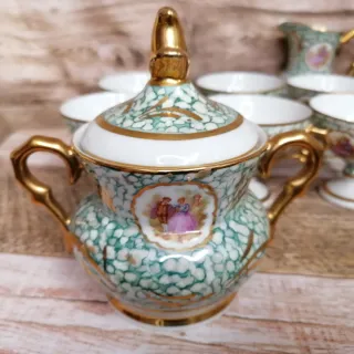 Juego Café Porcelana Vintage Oro y Verde