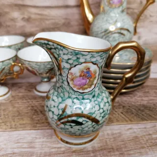 Juego Café Porcelana Vintage Oro y Verde