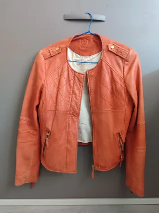 Cazadora Cuero Mujer Massimo Dutti Naranja