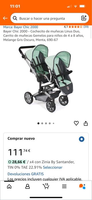 Cochecito gemelas para muñecas