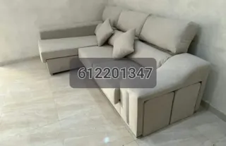 Divano Chaiselongue in Tessuto Antimacchia Aqualine, Ideale per Famiglie e Animali Domestici, Sedili Scorrevoli e Schienale Reclinabile, Include 2 Pouf e Cuscini, Grigio Scuro/Grigio Chiaro/Beige