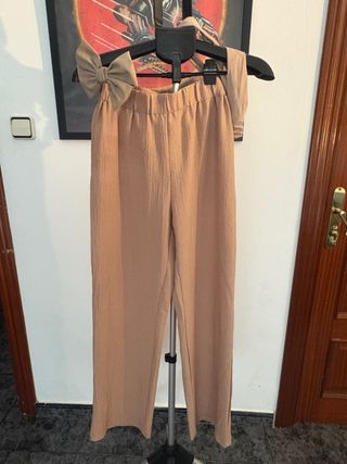 Pantalón ancho mujer lazo beige talla única
