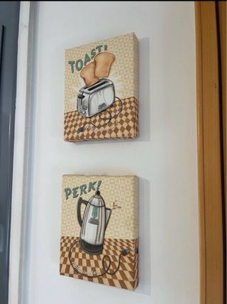 2 Cuadros de tela vintage cafetera y tostadora