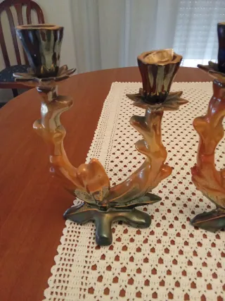 Candelabros Vintage Cerámica Marrón y Dorado