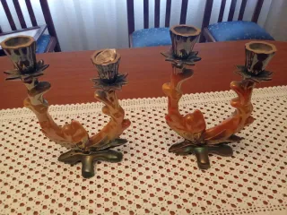Candelabros Vintage Cerámica Marrón y Dorado