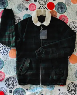 Plaid Wool Sherpa-Collar Bomber Jacket Tg L