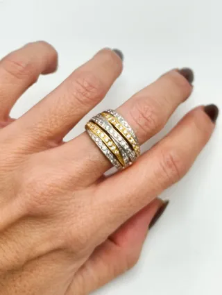 Anillo dama tiras oro 18kt bicolor con circonitas