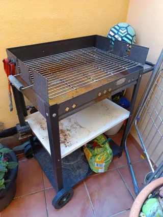 Barbacoa con pinzas y cepillo multiusos.