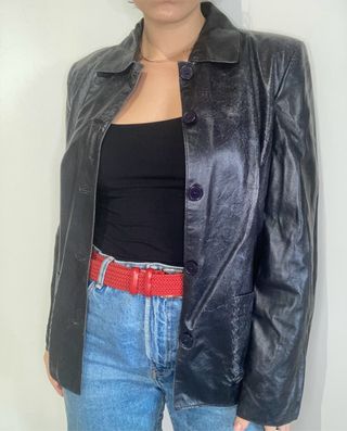 Giacca Blazer Vera Pelle Vintage Blu/nero