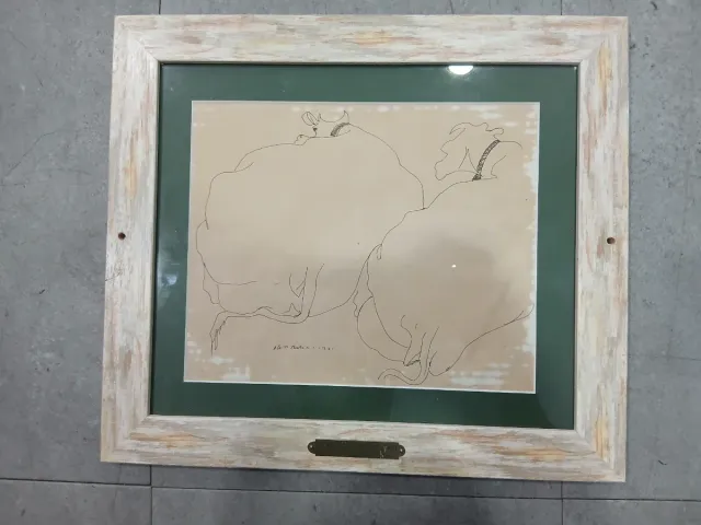 Dibujo a tinta Otero Besteiro Vacas 1967.  Lugo.