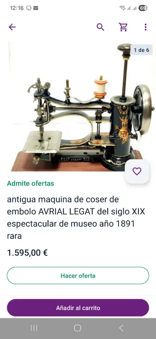 Máquina de coser Antigua Avrial Legat 1887