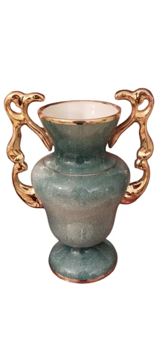 Jarrón Vintage Cerámica Decorativo Dorado y Verde