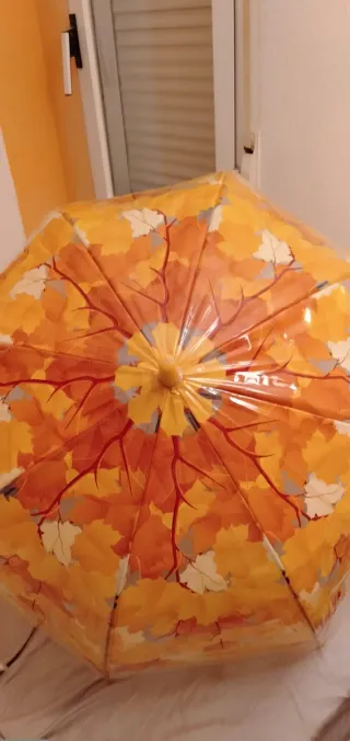 Paraguas transparente con hojas de otoño
