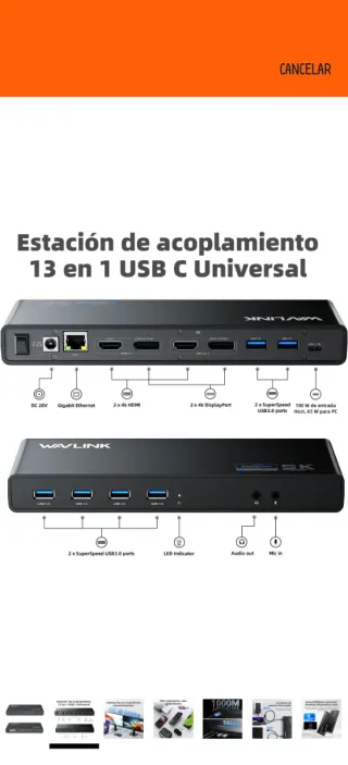 Estación Acoplamiento WAVLINK Displaylink USB-C