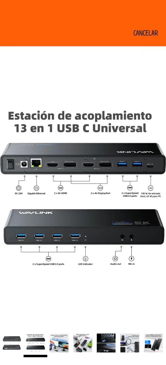 Estación Acoplamiento WAVLINK Displaylink USB-C