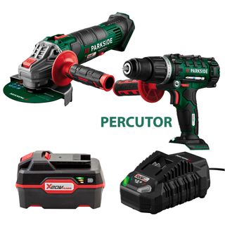 TALADRO PERCUTOR+AMOLADORA CON BATERÍA Y CARGADOR