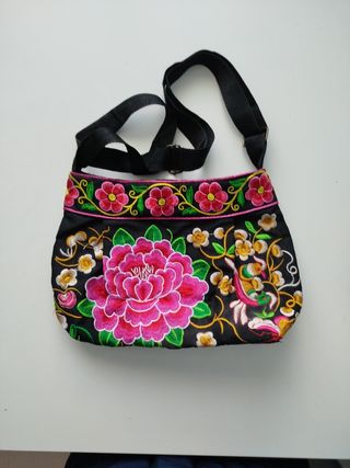 Bolso tela bordado flores estilo oriental